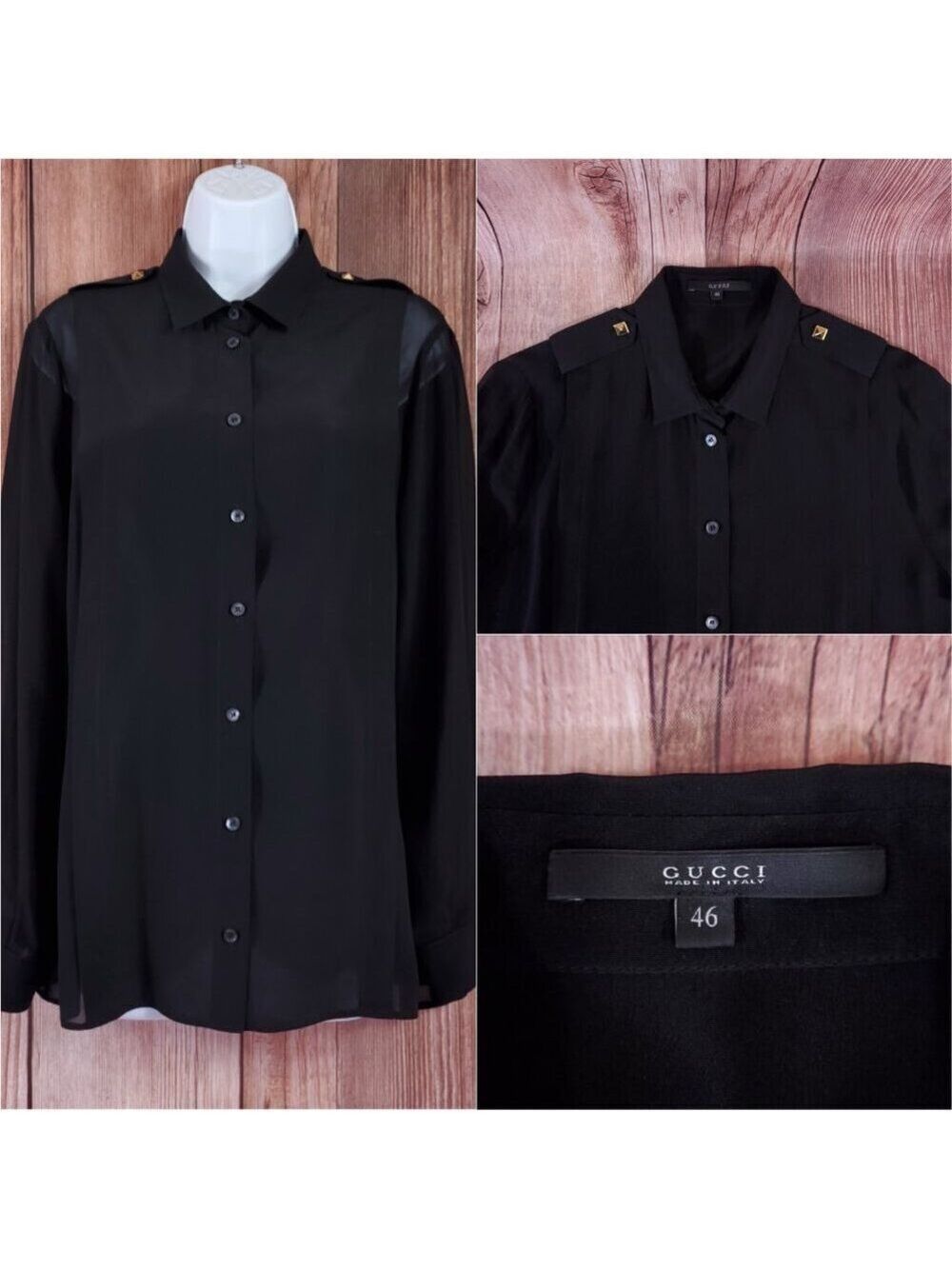 *READ* Gucci Black Sheer Blouse Shirt Studded Epaulets Long Sleeve Button Up